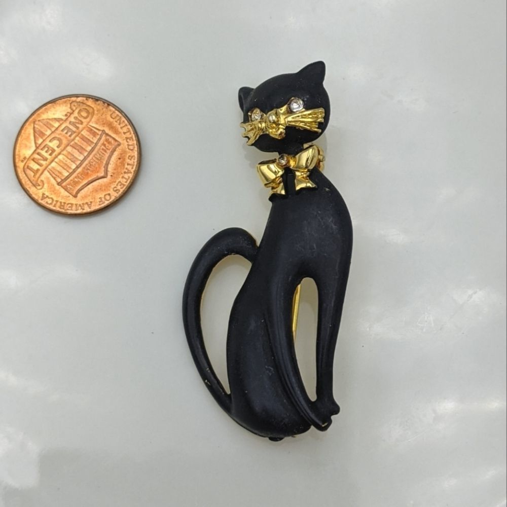 Vintage Black Cat Gold Bow Rhinestone Brooch Pin